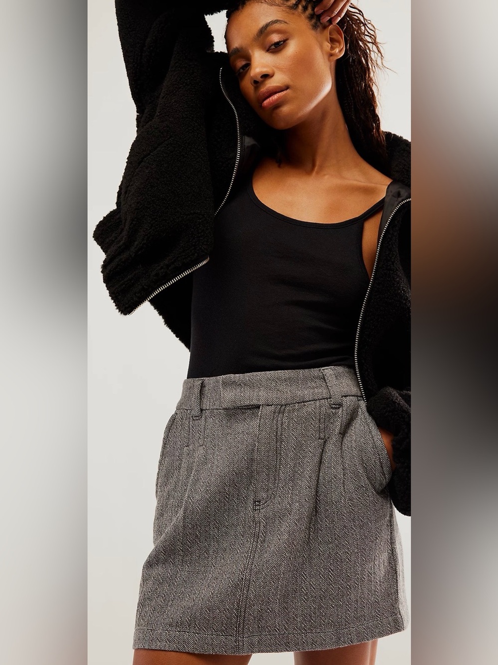 Free People Pop Preppy Cotton Gray Textured High Rise Mini Skirt Size 6